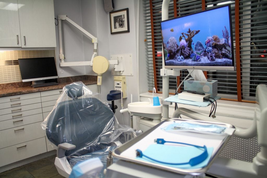 Dental exam chair in the dental treatment room